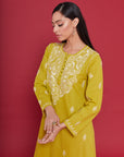 Embroidered Chikankari Kaftan in Celery Yellow