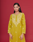 Embroidered Chikankari Kaftan in Celery Yellow