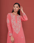 Embroidered Chikankari Kaftan in Carmine Pink