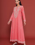 Embroidered Chikankari Kaftan in Carmine Pink