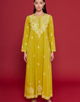 Embroidered Chikankari Kaftan in Celery Yellow
