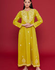 Embroidered Chikankari Kaftan in Celery Yellow