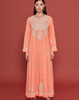 Embroidered Chikankari Kaftan in Coral Peach