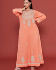 Embroidered Chikankari Kaftan in Coral Peach