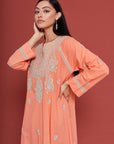 Embroidered Chikankari Kaftan in Coral Peach