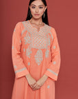 Embroidered Chikankari Kaftan in Coral Peach