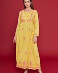 Embroidered Chikankari Cotton Kaftan in Freesia Yellow