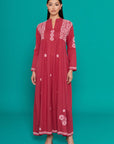 Embroidered Chikankari Cotton Kaftan in Red Bud