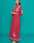 Embroidered Chikankari Cotton Kaftan in Red Bud