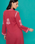 Embroidered Chikankari Cotton Kaftan in Red Bud