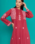 Embroidered Chikankari Cotton Kaftan in Red Bud