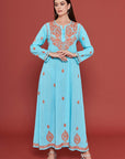 Embroidered Chikankari Kaftan in Pastel Turquoise