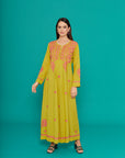 Embroidered Chikankari Kaftan in Palm Yellow