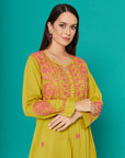 Embroidered Chikankari Kaftan in Palm Yellow