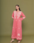 Embroidered Chikankari Kaftan in Carnation Pink