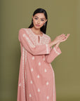 Embroidered Chikankari Kaftan in Rosette Pink