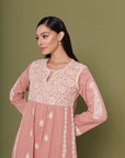 Embroidered Chikankari Kaftan in Rosette Pink