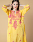 Chikankari Kaftan in Amber Yellow
