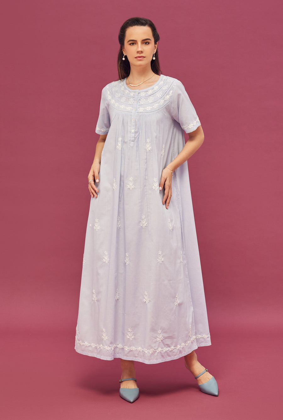 Noor Soft Blue Short Sleeve Cotton Nightdress
