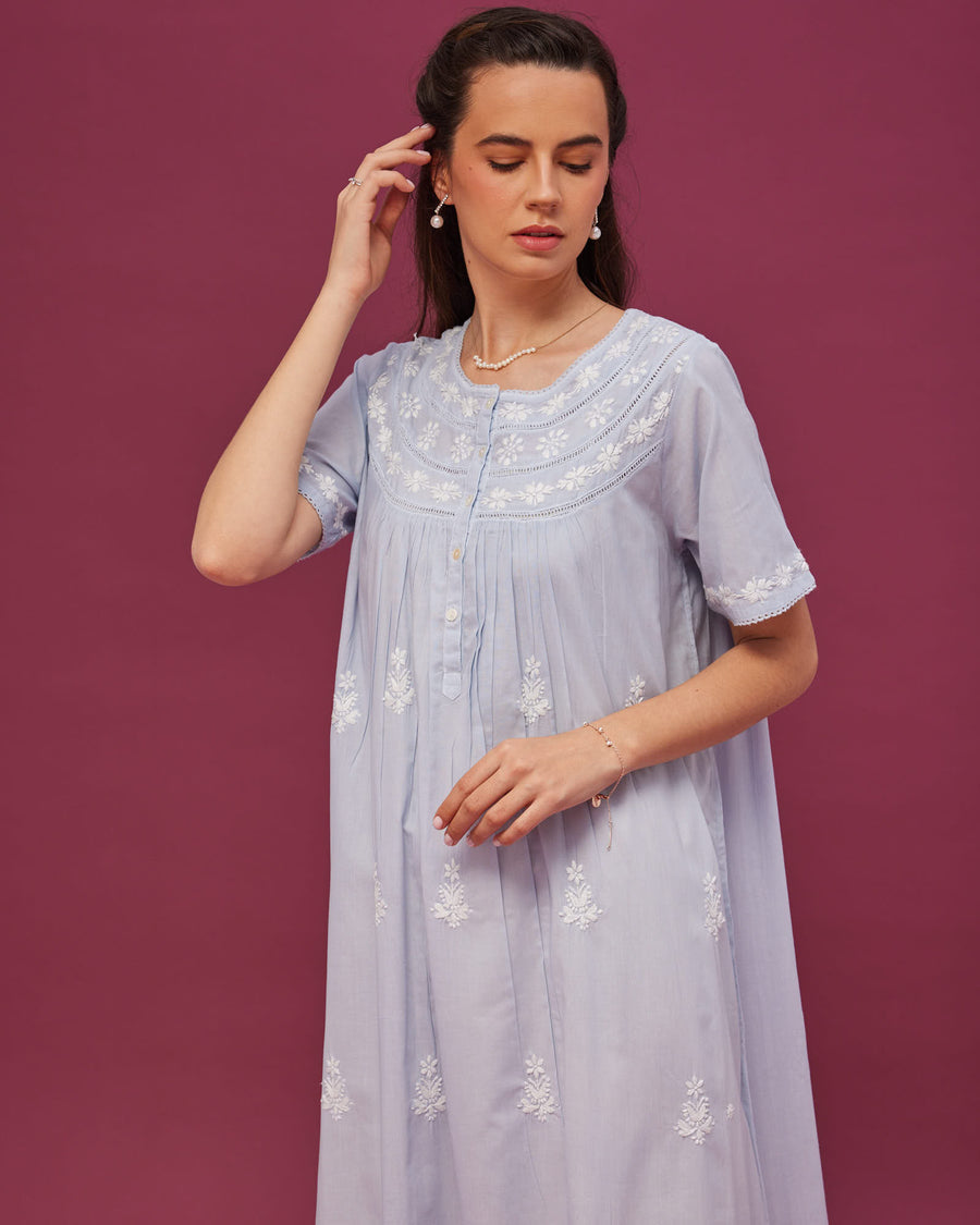 Noor Soft Blue Short Sleeve Cotton Nightdress