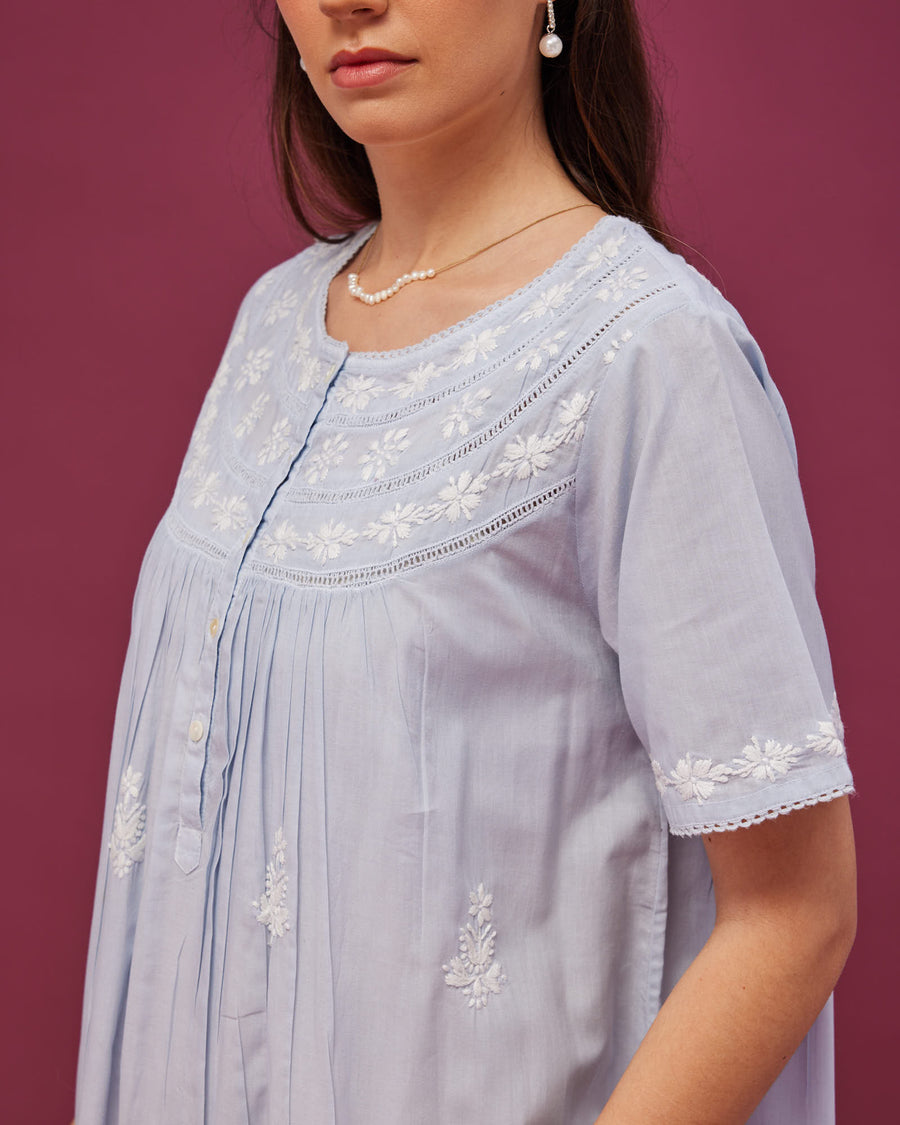 Noor Soft Blue Short Sleeve Cotton Nightdress