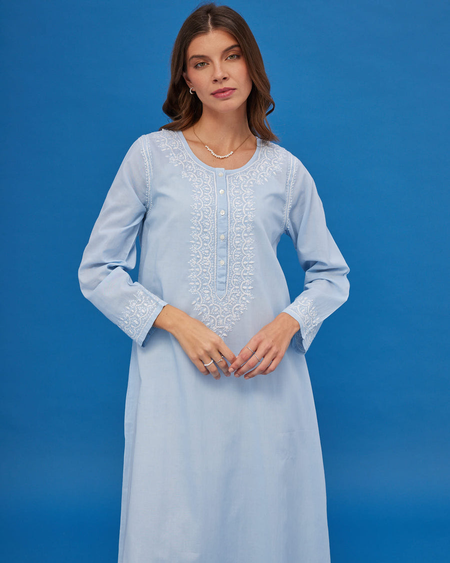 Noor Soft Blue Full Sleeve Nightdress