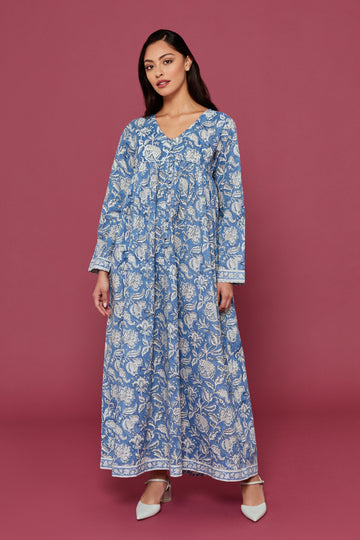 Narjee Block Printed Dress in Indigo Blue