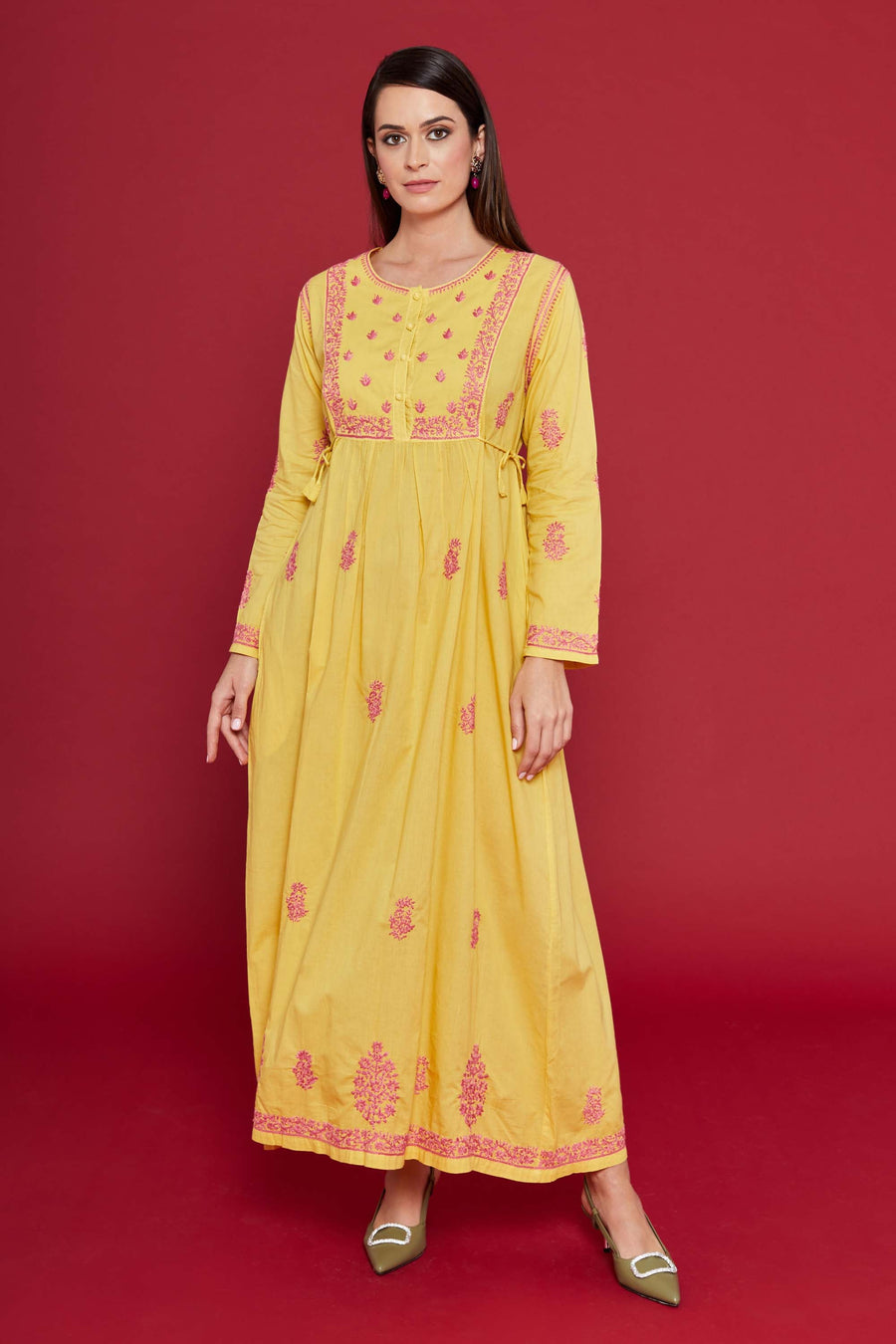 Embroidered Chikankari Kaftan in Freesia Yellow