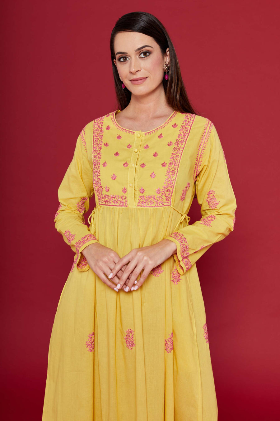 Embroidered Chikankari Kaftan in Freesia Yellow