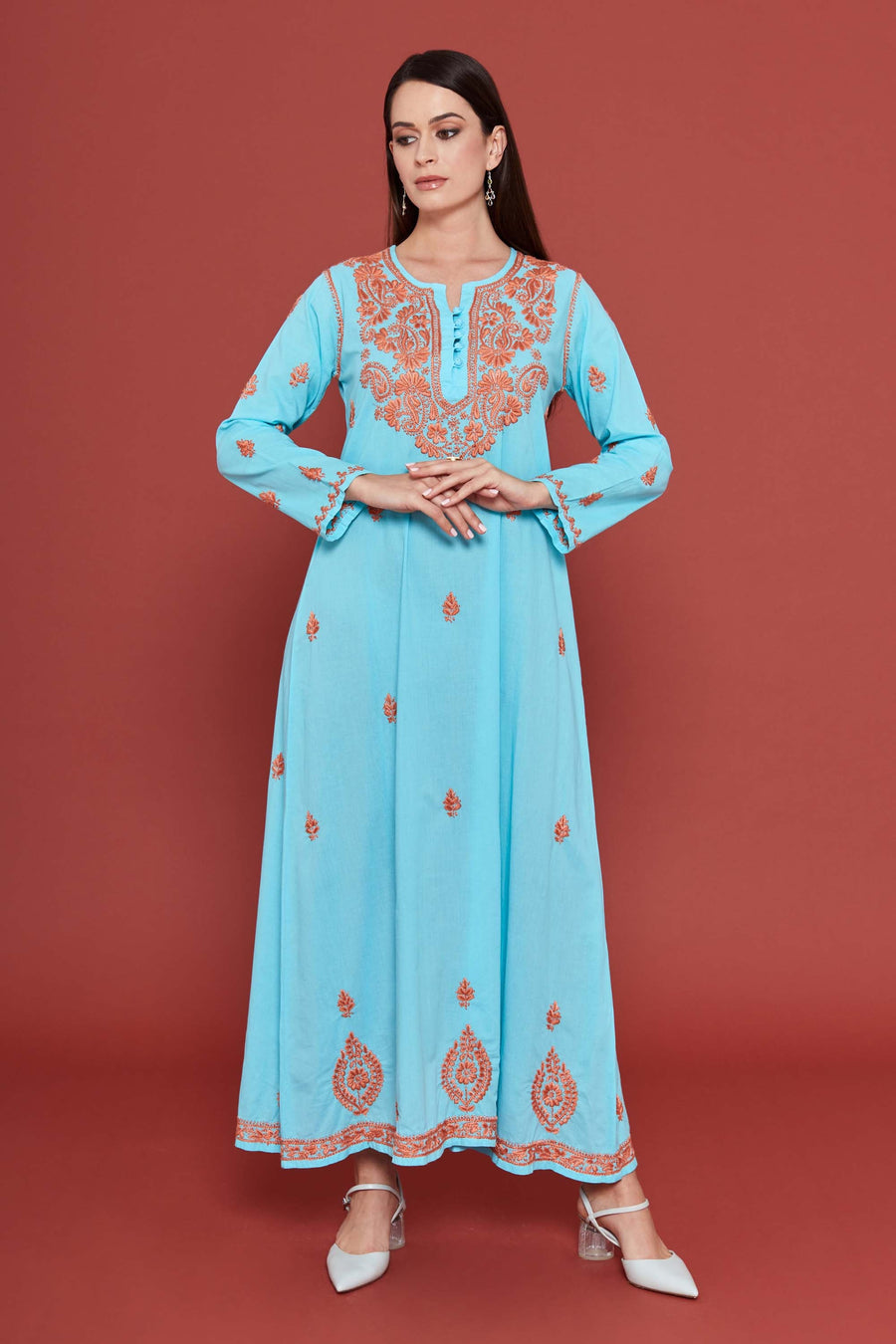 Embroidered Chikankari Kaftan in Pastel Turquoise