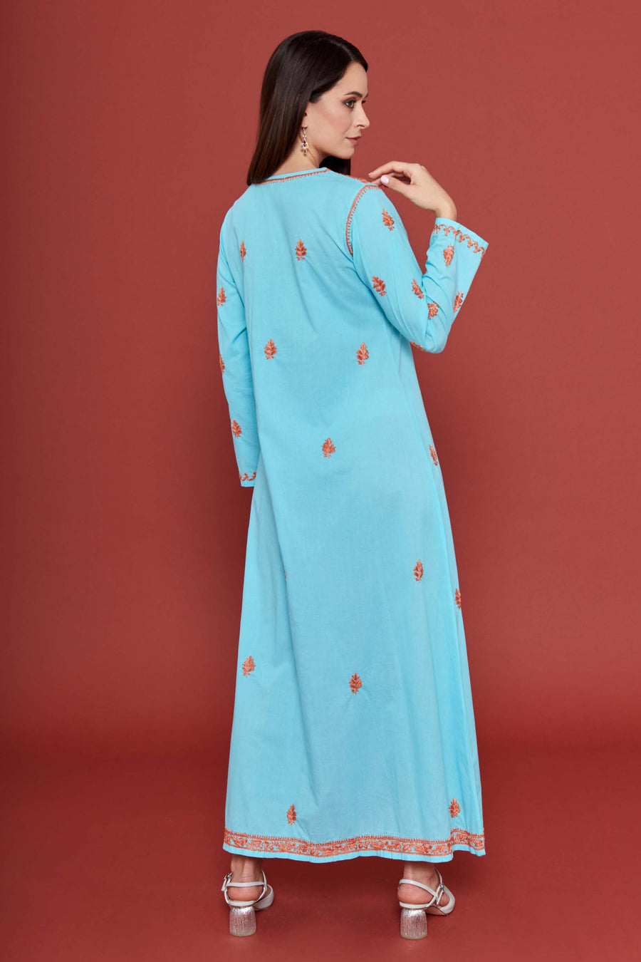 Embroidered Chikankari Kaftan in Pastel Turquoise