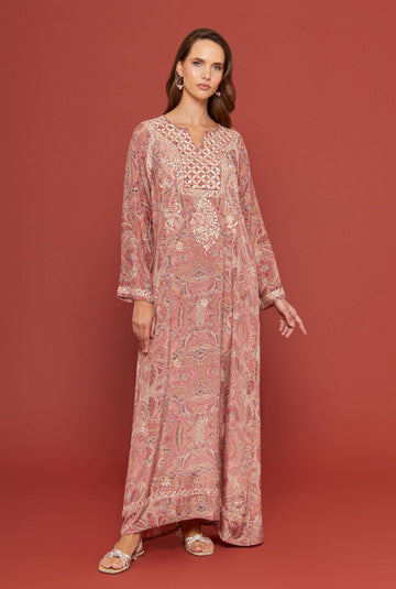 Embroidered Chikankari Nishapur Pink Kaftan