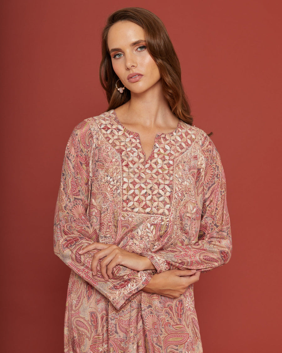 Embroidered Chikankari Nishapur Pink Kaftan