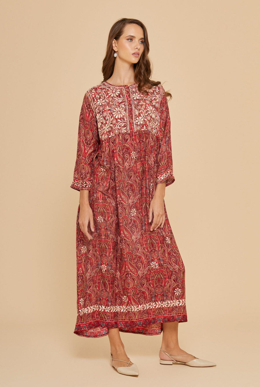 Embroidered Chikankari Kashmiri Red Kaftan