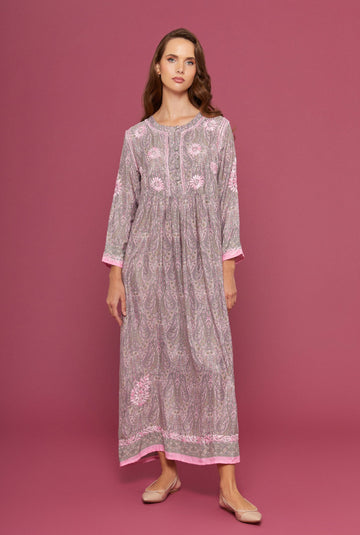 Embroidered Chikankari Tehzip Pink Kaftan