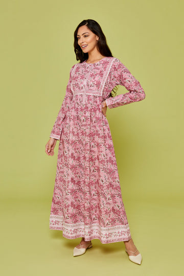 Gulshan Block Printed Dress in Blush Pink