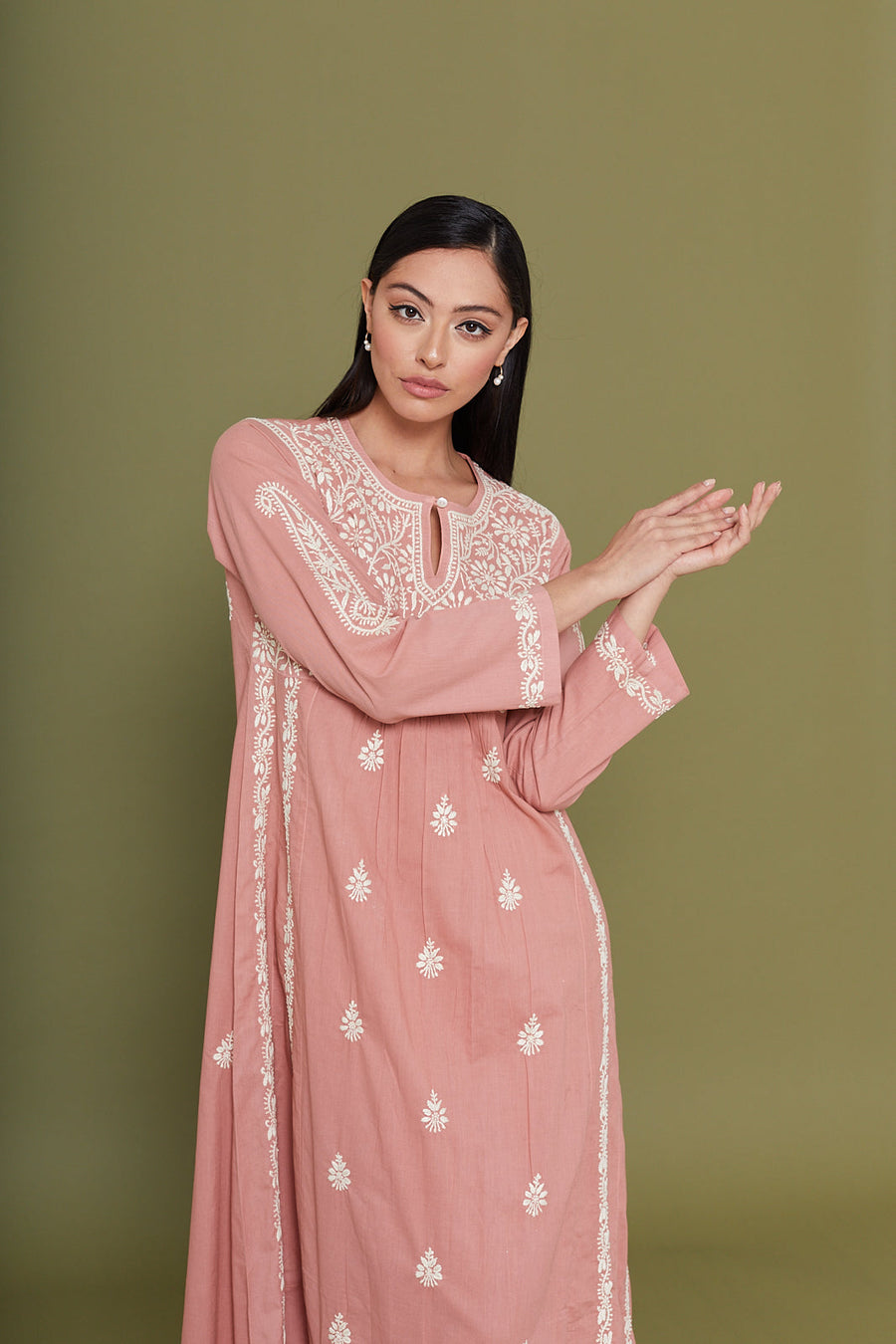 Embroidered Chikankari Kaftan in Rosette Pink