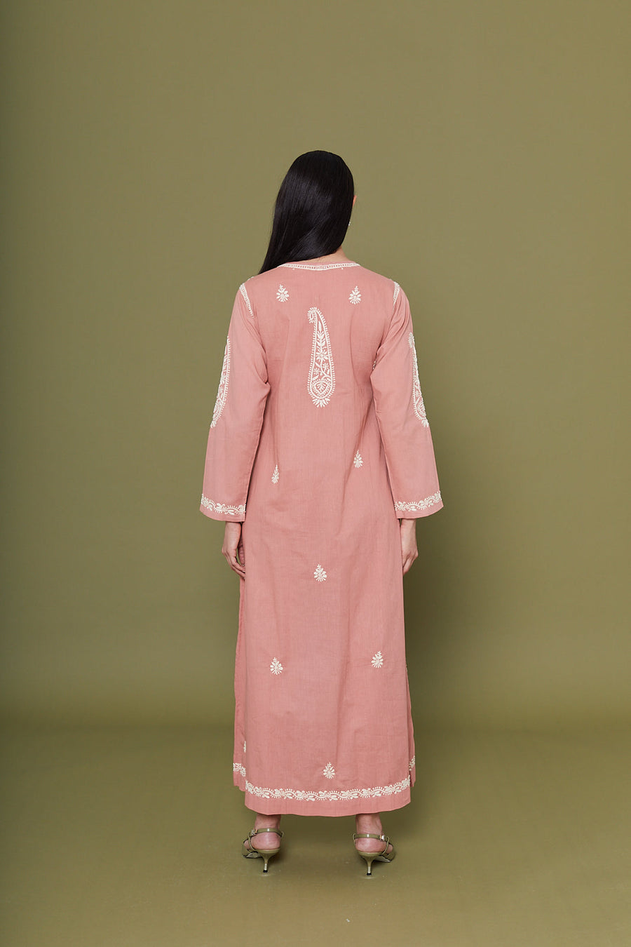 Embroidered Chikankari Kaftan in Rosette Pink