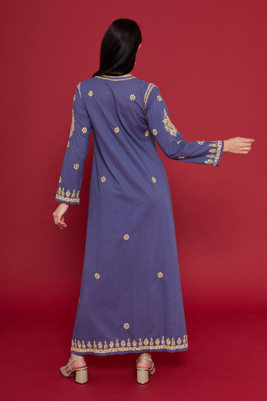 Embroidered Chikankari Kaftan in Bijou Blue