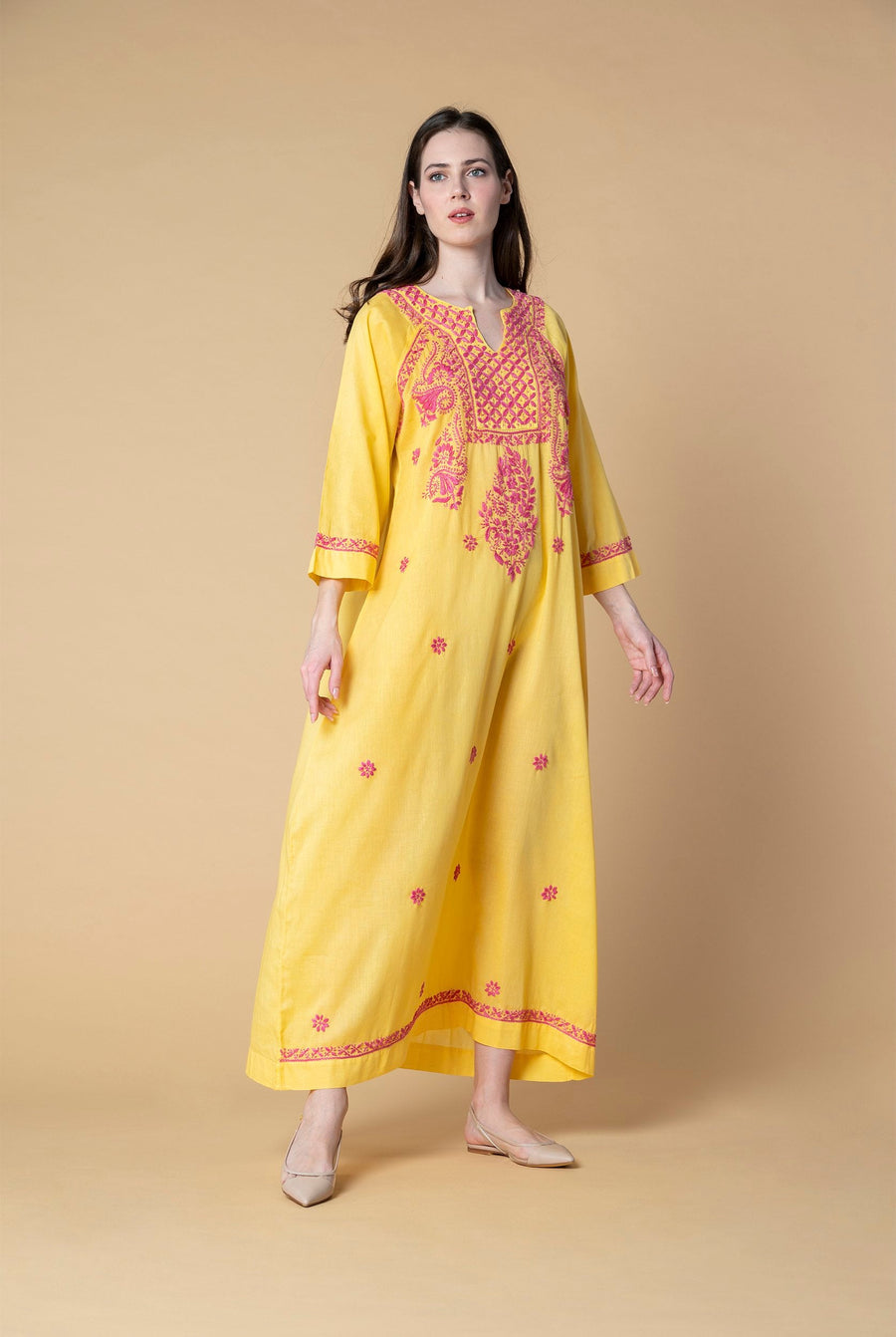 Chikankari Kaftan in Amber Yellow