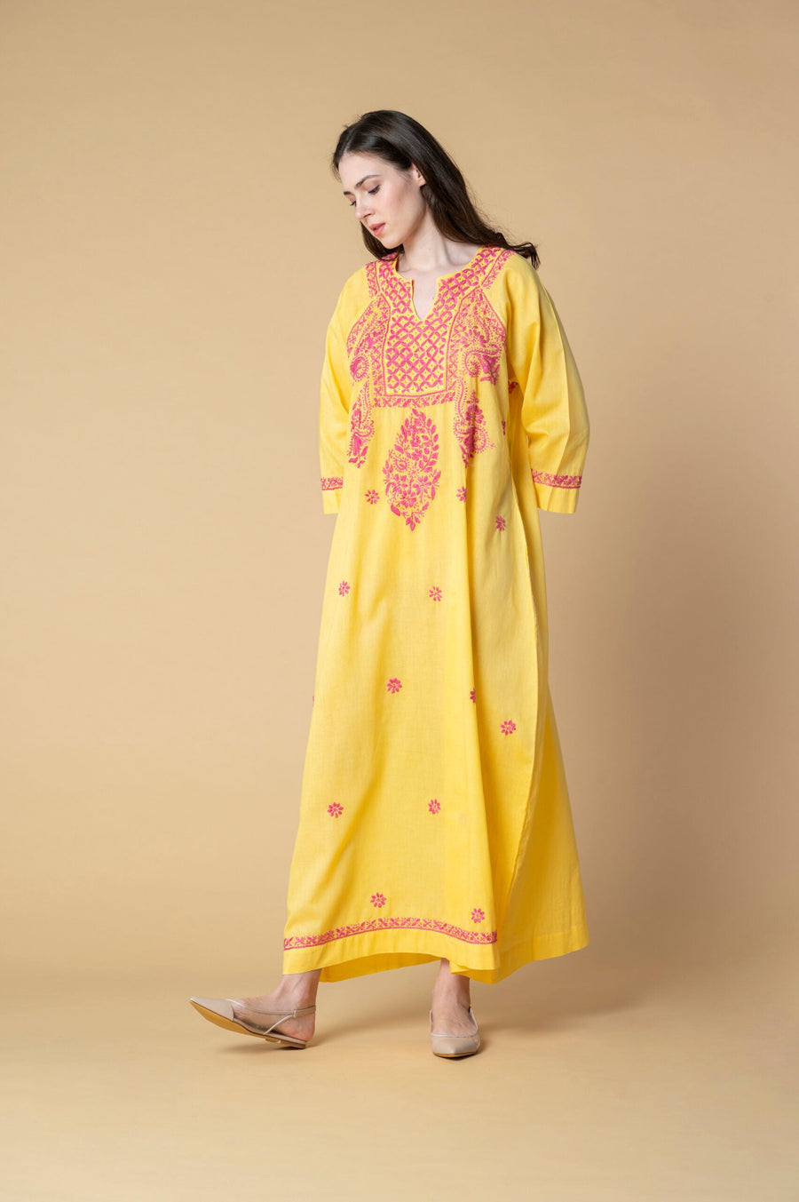 Chikankari Kaftan in Amber Yellow