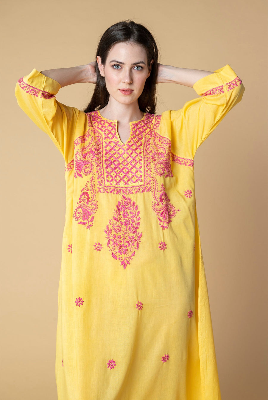 Chikankari Kaftan in Amber Yellow