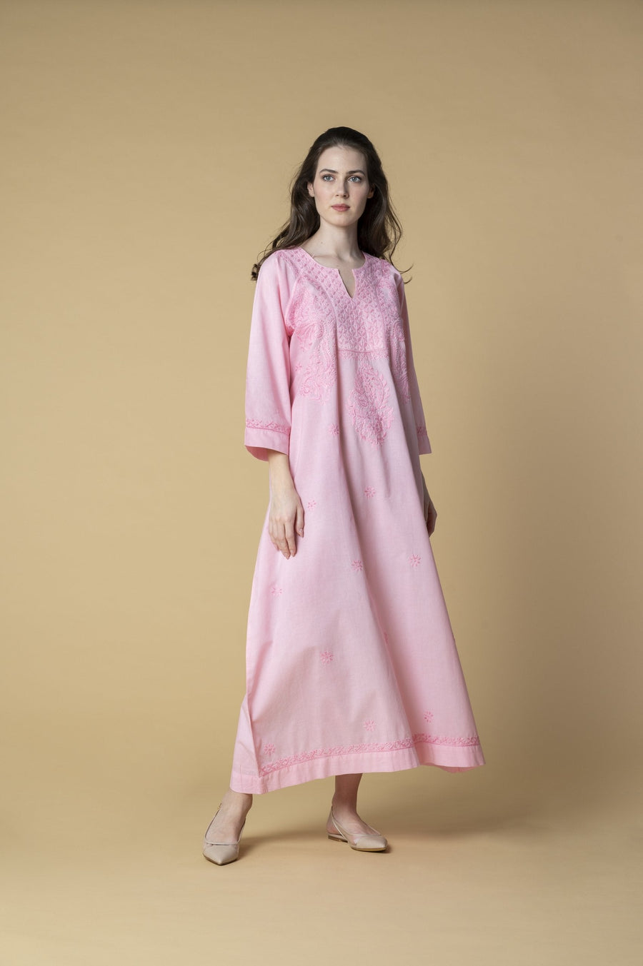 Chikankari Kaftan in Rose Pink