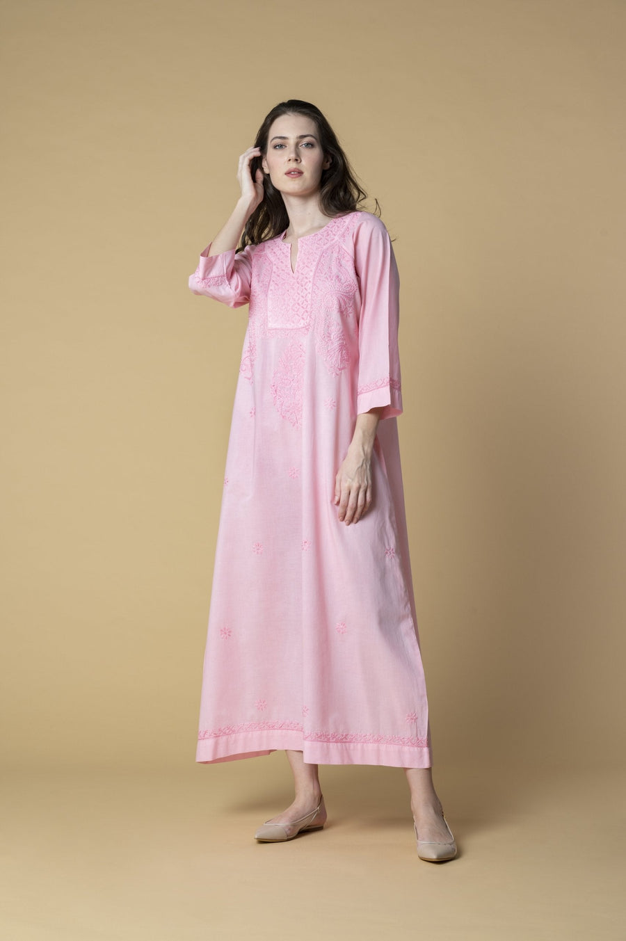 Chikankari Kaftan in Rose Pink