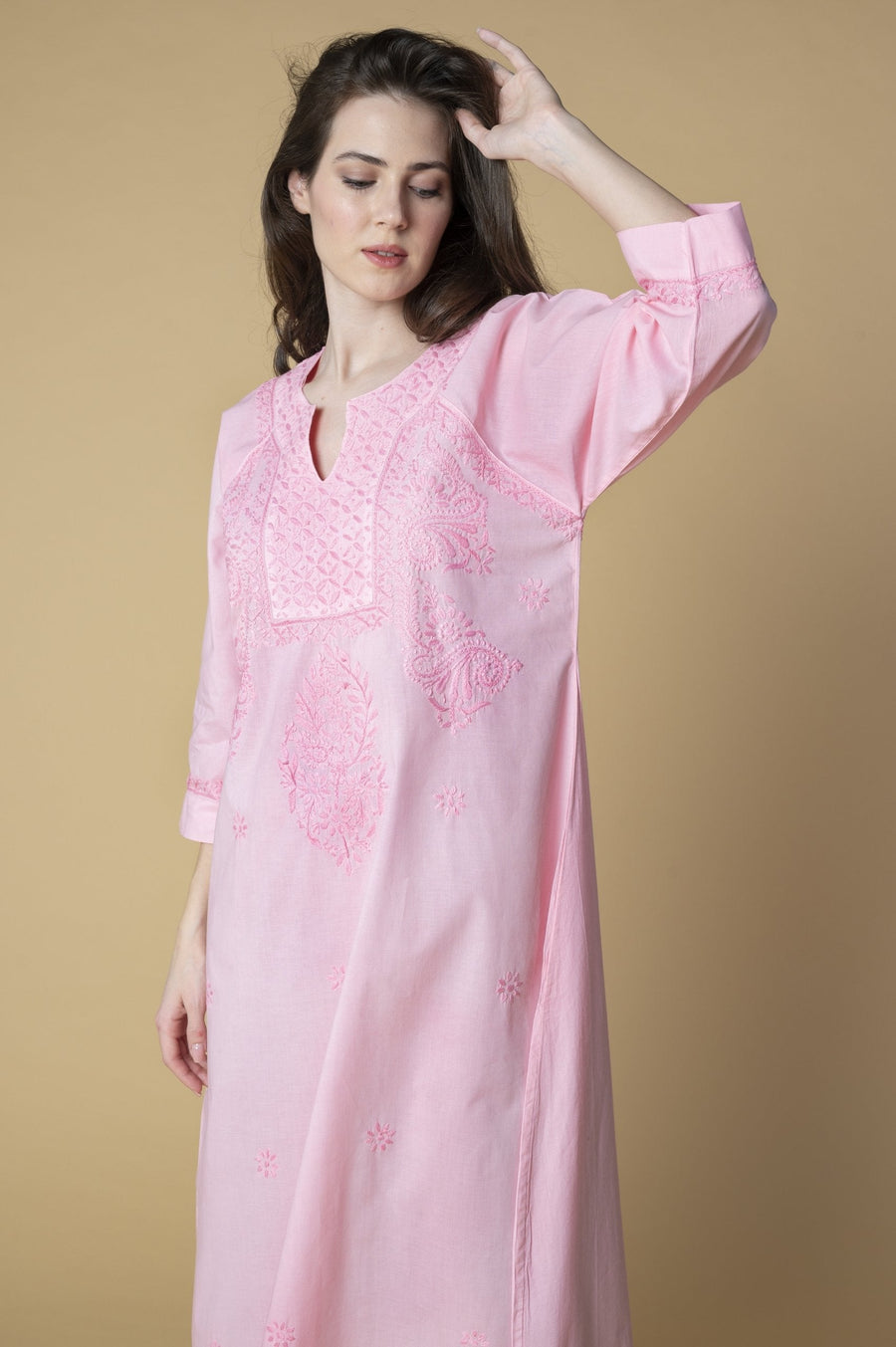 Chikankari Kaftan in Rose Pink