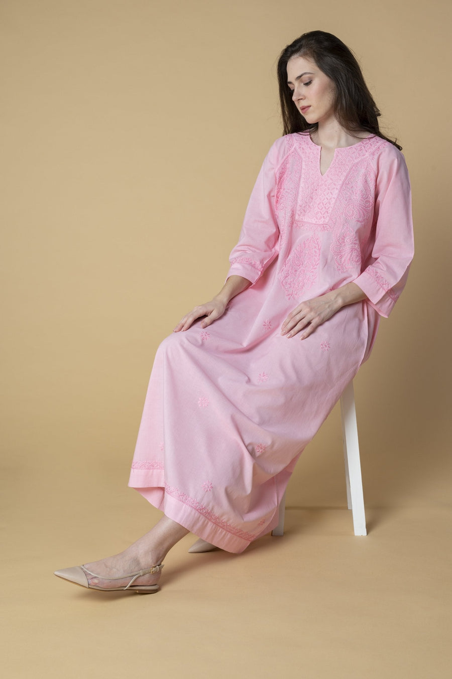 Chikankari Kaftan in Rose Pink