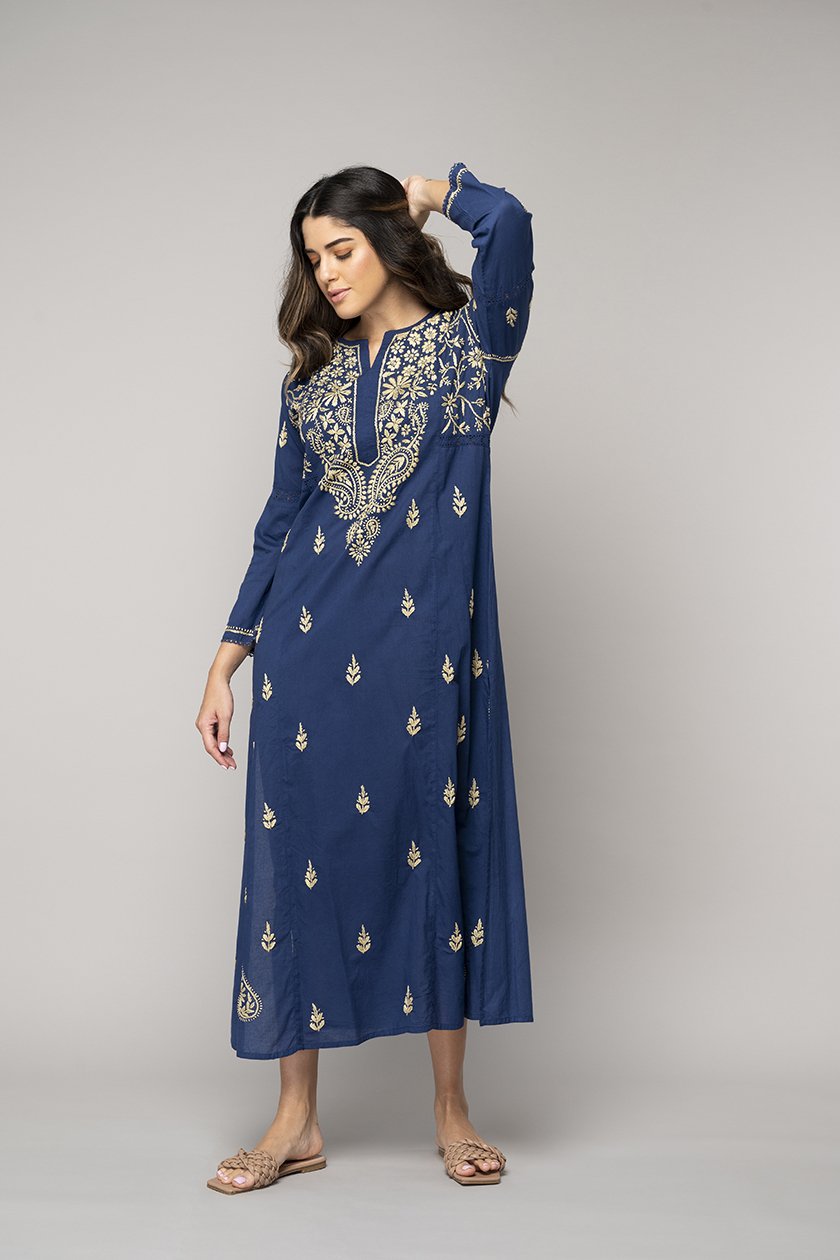 Chikankari Kaftan in Bijou Blue