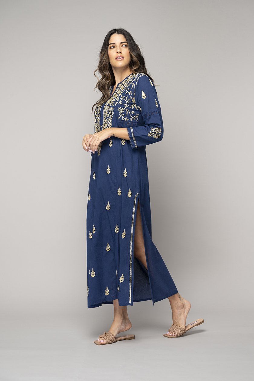 Chikankari Kaftan in Bijou Blue