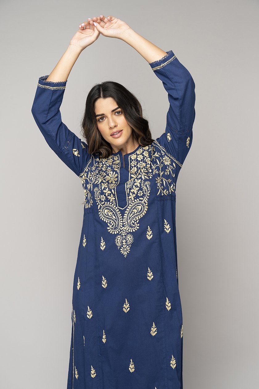 Chikankari Kaftan in Bijou Blue