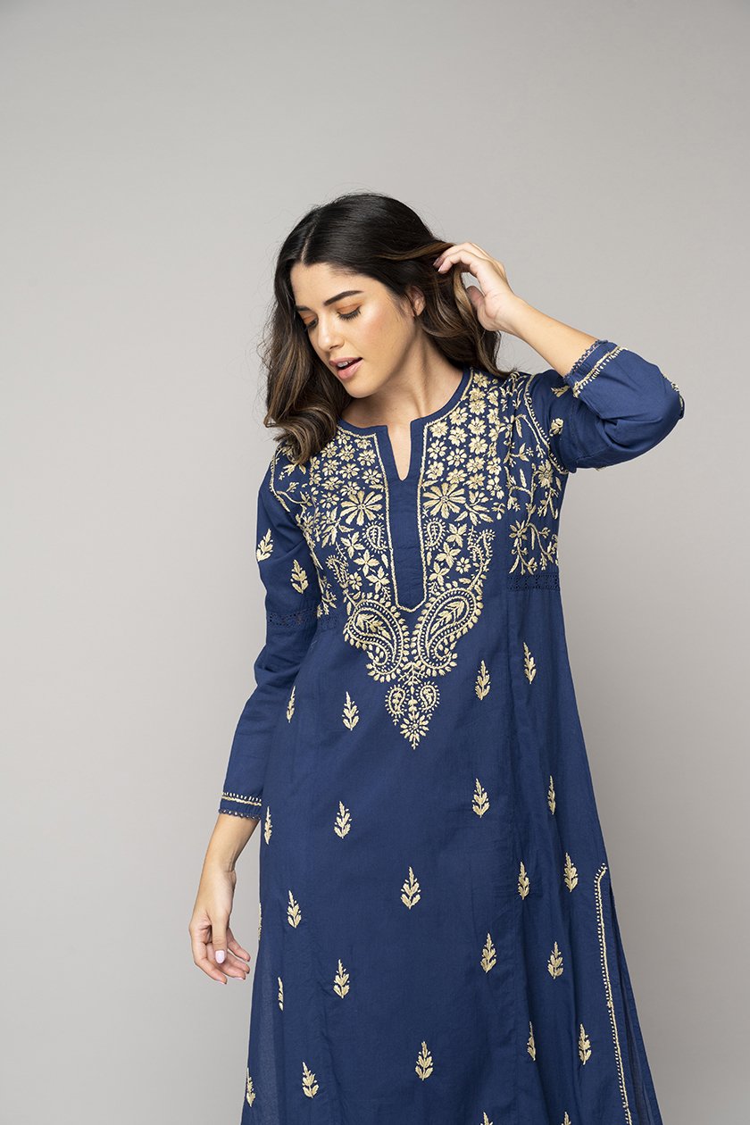 Chikankari Kaftan in Bijou Blue